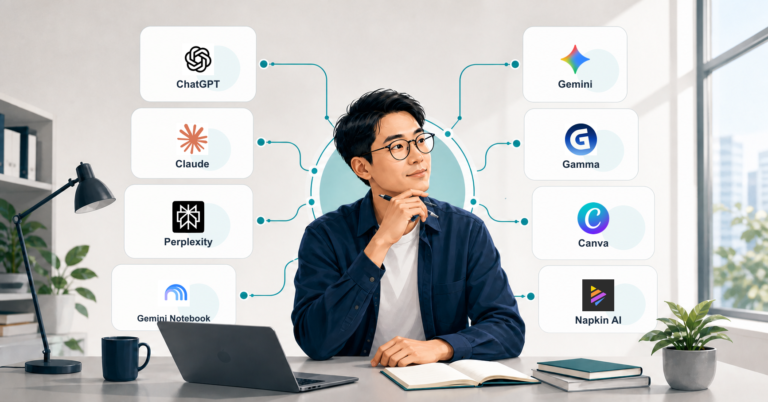ChatGPT、Claude、Perplexity、Gemini Notebook、Gemini、Gamma、Canva 與 Napkin AI 品牌 Logo 任務選擇示意