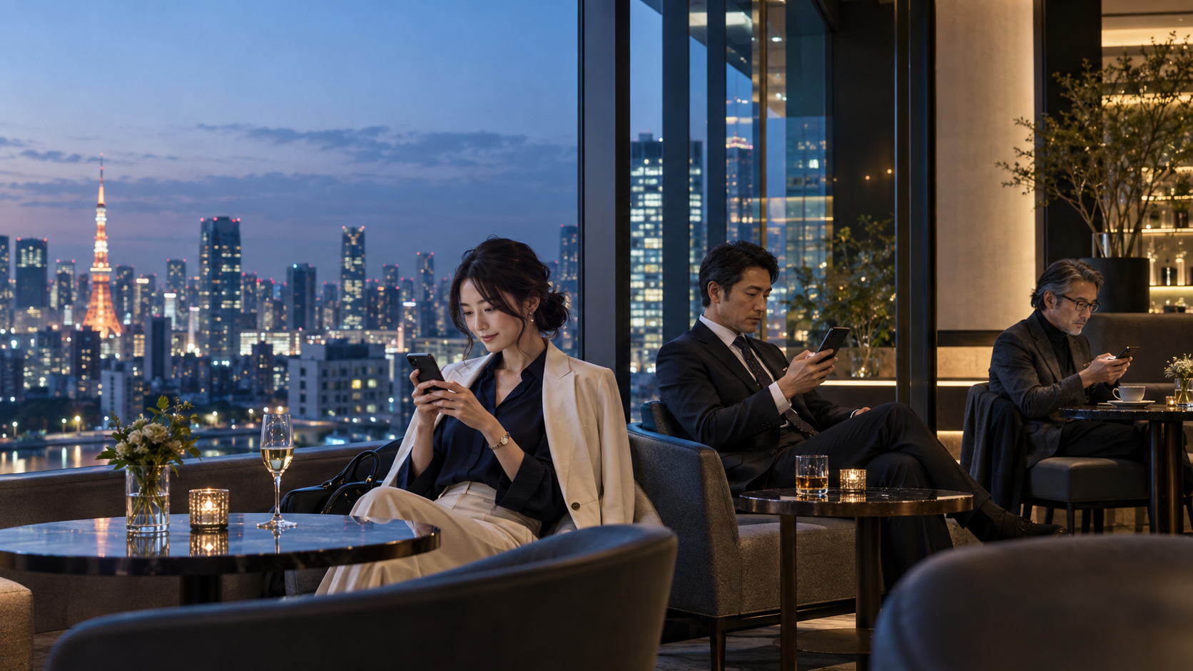 日本交友App市場區隔與利基策略，三位日本職場人士使用智慧型手機