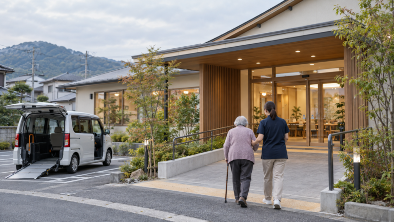 日本日間照護中心外觀與照護人員協助高齡者上車的情境示意