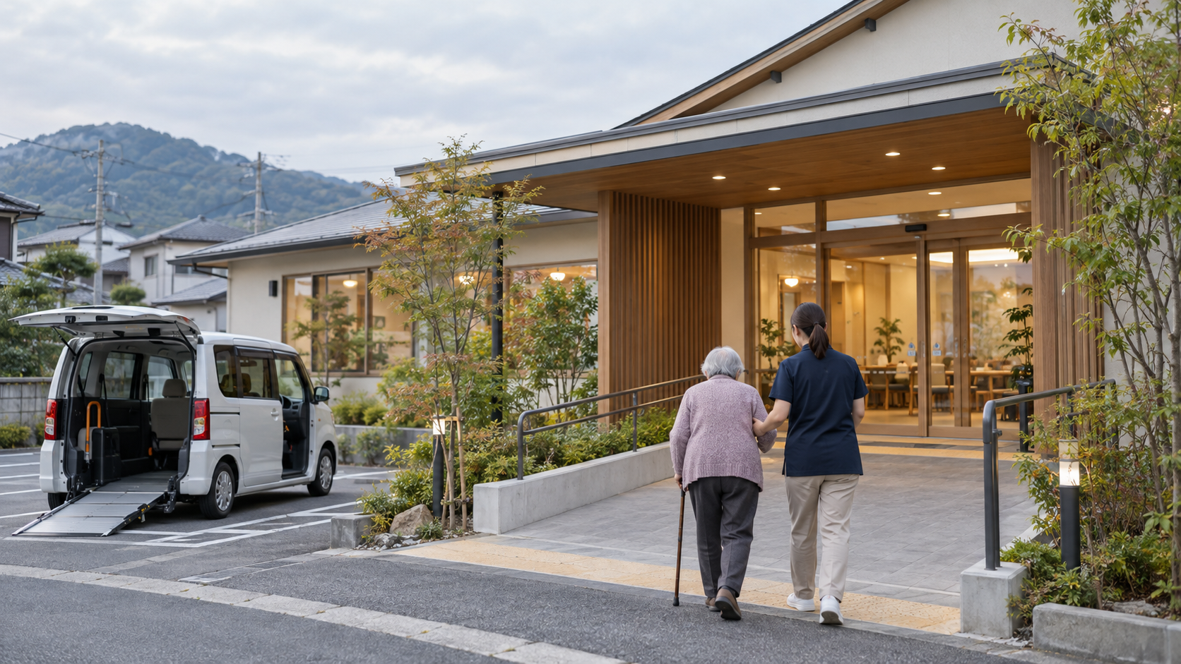 日本日間照護中心外觀與照護人員協助高齡者上車的情境示意