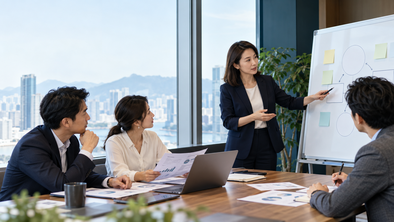 企業主管在會議室討論人才培訓與真實經營課題