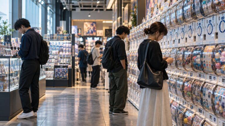 日本扭蛋店的成年消費者情境示意，呈現收藏型玩具的新客群