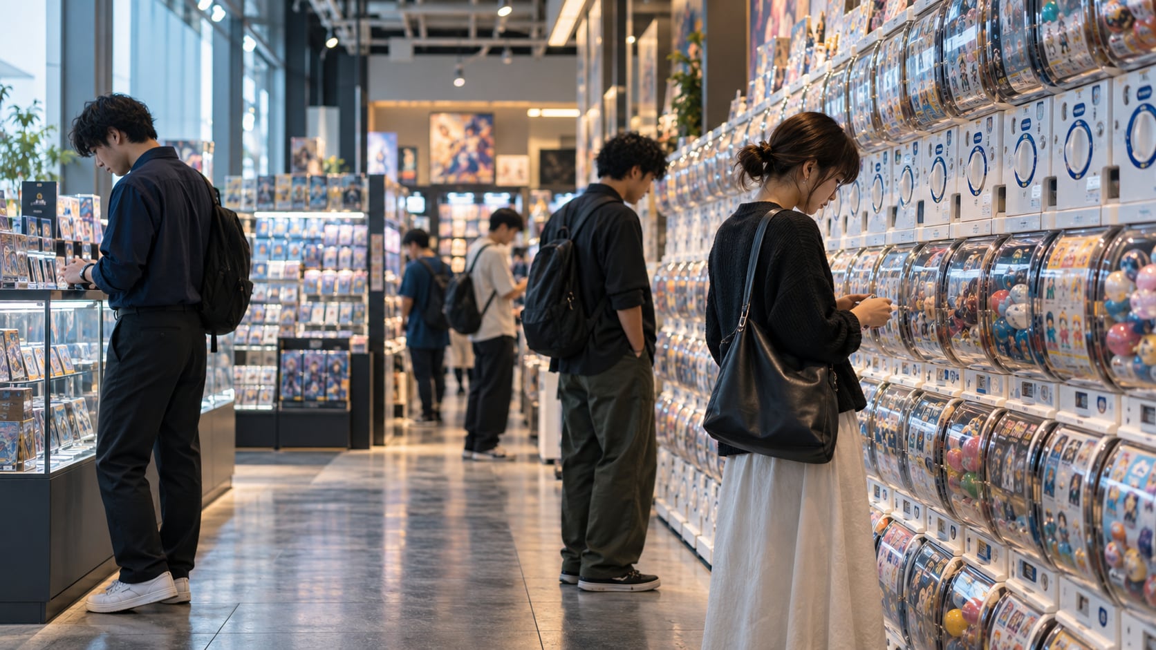 日本扭蛋店的成年消費者情境示意,呈現收藏型玩具的新客群